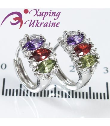 Серьги родиум/позолота "Полукольцо из 3х узких овальн. камней(поперек)+мелк."