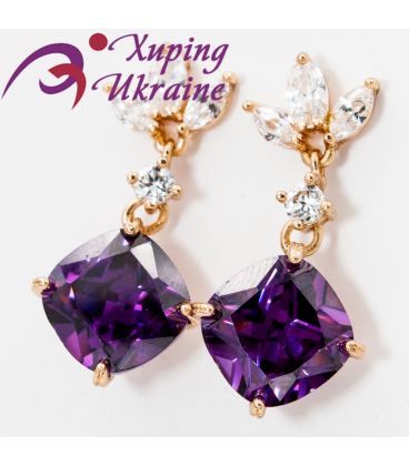 Серьги-гвоздики лимонная позолота "Ромб-камень 1,0 на 3х камушках"