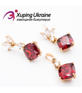 Комплект, лимонное золото (Серьги-гвоздики + кулон) красный