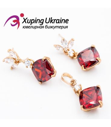 Комплект, лимонное золото (Серьги-гвоздики + кулон) красный