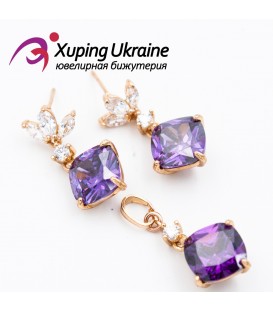 Комплект, лимонное золото (Серьги-гвоздики + кулон) фиолетовый