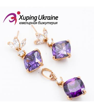 Комплект, лимонное золото (Серьги-гвоздики + кулон) фиолетовый