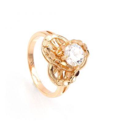 Кольцо позолоченное Один камень на металлическорм цветке с кружочками