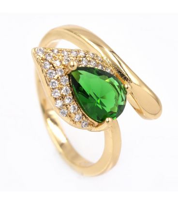 Кільце - лимонна позолота, Крапля-камінь зеленого кольору на листі дрібного каміння,на вигині