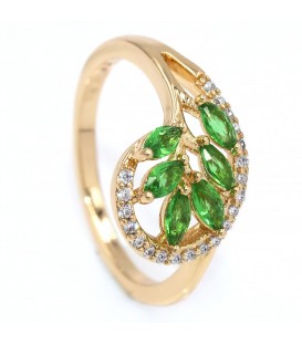 Кільце - лимонна позолота, Гілочка з вузького каміння в краплі, контур дрібного каміння