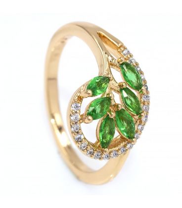 Кольцо — лимонная позолота, Веточка из узких камней в капле, контур мелких камней 