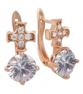 Сережки позолота Камінь 0,8 у 4х тримачах на металевому хрестику з дрібними камінцями (білий)