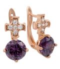 Сережки позолота Камінь 0,8 у 4х тримачах на металевому хрестику з дрібними камінцями (фіолетовий)