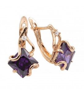 Сережки позолота Квадратний камінь у тримачах на подвійній металевій паличці з мал. камінцем