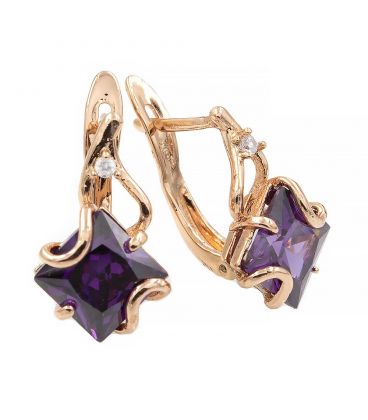 Сережки позолота Квадратний камінь у тримачах на подвійній металевій паличці з мал. камінцем