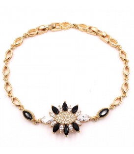 Браслет мягкий лимонная позолота "Цветок из кругл. камней(черн.)" 