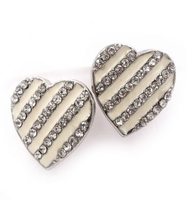 Сережки "Серце в смужку" (біла емаль/стрази)