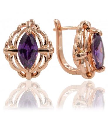 Сережки Xuping Позолота (Медичне золото) з англійської застібкою "Овальний камінець в ажурі" фіолетовий циркон