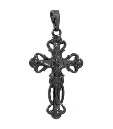 Подвеска черный родий Крестик с распятием, завитки по краю, 2,7 см 