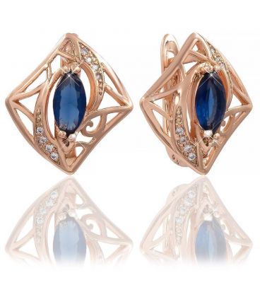 Серьги позолота Узкий камушек на ажурном ромбе