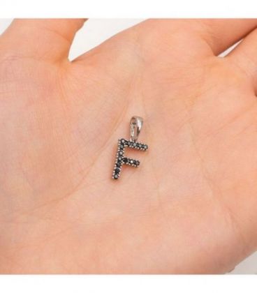 Подвеска "Буква F" чёрные цирконы родиум