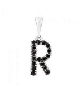 Подвеска "Буква R" чёрные цирконы родиум
