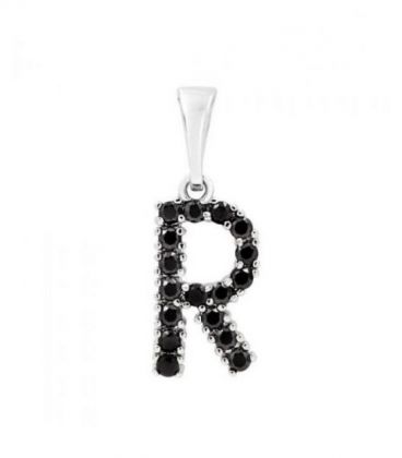 Подвеска "Буква R" чёрные цирконы родиум