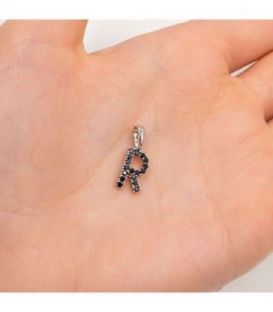 Подвеска "Буква R" чёрные цирконы родиум