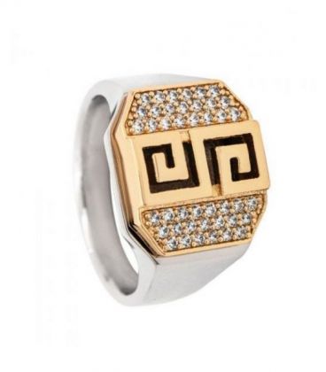 Кольцо печатка мужская, два цвета, родий и лимонная позолота