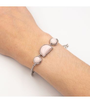 Браслет-цепочка родий 3 камня "Розовый коралл"