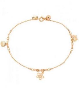 Браслет на ногу плетіння «кульки» із квіточками лимонна позолота