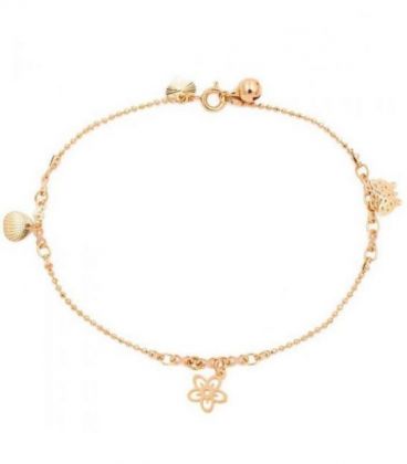 Браслет на ногу плетение «шарики» с цветочками лимонная позолота