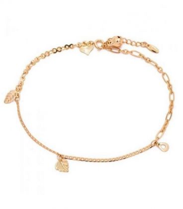 Браслет на ногу комбіноване плетіння з листочками лимонна позолота