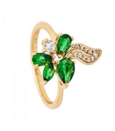 Кольцо лимонная позолота «Зеленые камушки»