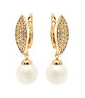 Сережки-підвіски з перлами і цирконами, лимонна позолота