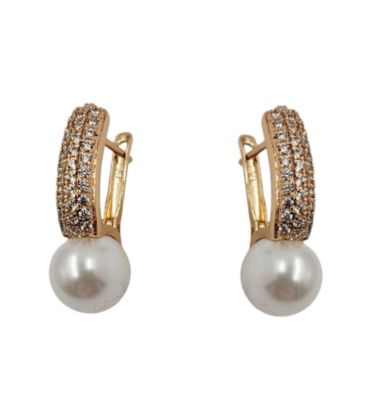 Серьги классические с россыпью цирконов и жемчужиной, лимонная позолота