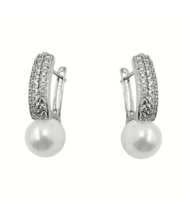 Серьги классические с россыпью цирконов и жемчужиной, родий