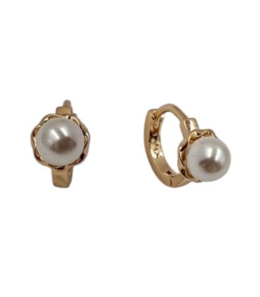 Серьги-колечки "Жемчужинка на цветочке", лимонная позолота