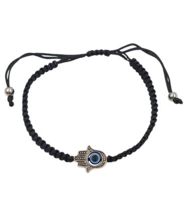 Браслет чорна нитка "Хамса" родій
