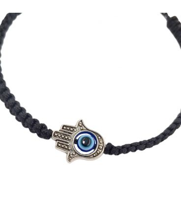 Браслет черная нить "Хамса" родий