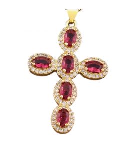 Кулон Хрестик з малиновими цирконами лимонна позолота