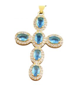 Кулон Крестик с голубыми цирконами лимонная позолота