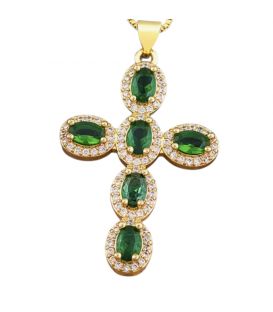 Кулон Крестик с зелеными цирконами лимонная позолота