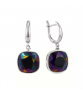 Сережки Swarovski чорний з фіолетовим відтінком (хамелеон) Квадрат родіум (Медична сталь)
